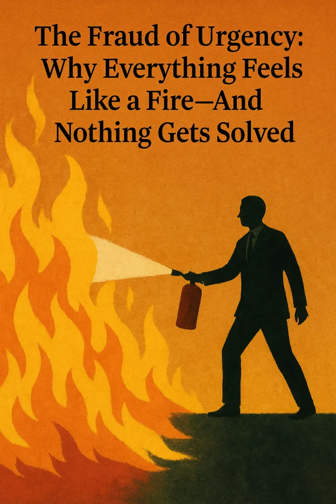 Illustration of a businessperson using a fire extinguisher on flames, symbolizing urgency culture and crisis-driven leadership in modern workplaces.