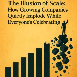 Bar chart rising and crumbling beneath a business figure, symbolizing unsustainable company growth and hidden operational failure