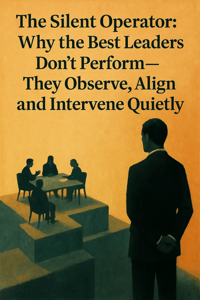 Illustration of a business leader observing a team meeting from a distance, symbolizing silent leadership in business and strategic, non-performative management