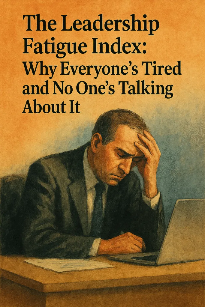 Painting of a fatigued executive in a suit resting his head in one hand beside a laptop, illustrating leadership fatigue and strategic burnout in modern business.