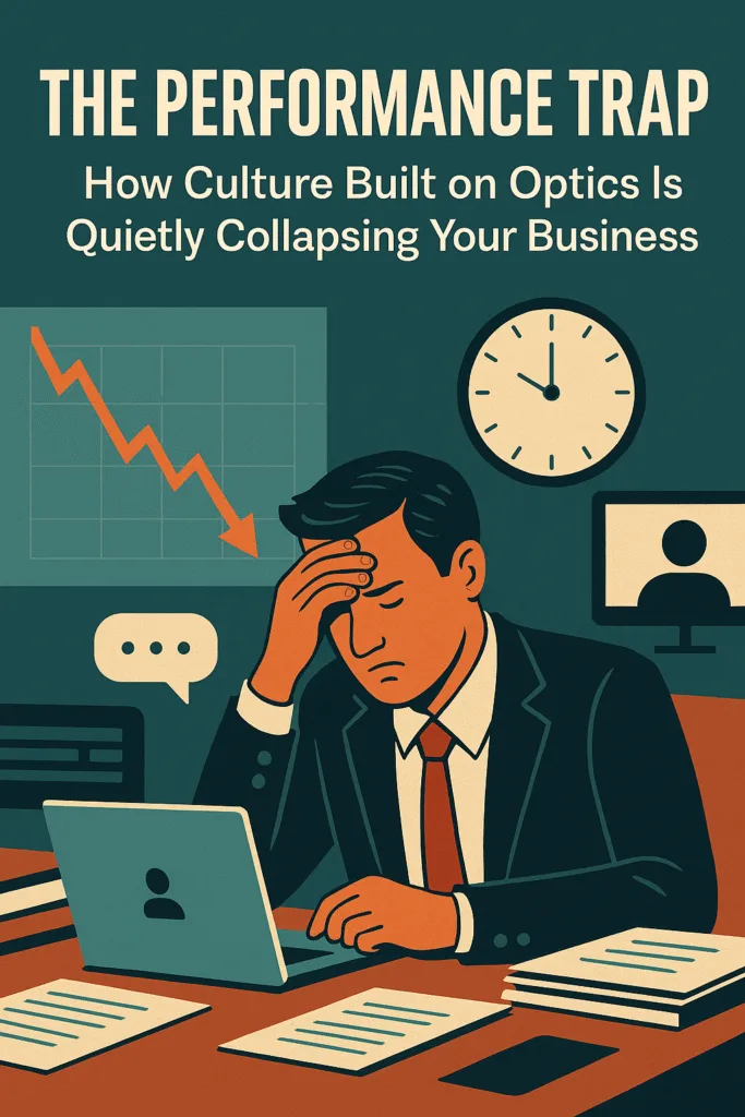 Illustration showing professionals in a business setting surrounded by charts and meetings, symbolizing performance culture and operational inefficiency