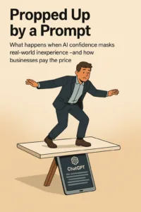 A business professional struggles to balance on a platform that’s being propped up by an oversized tablet displaying an AI prompt. The scene represents how AI can create artificial confidence in inexperienced employees and cause instability inside companies.
